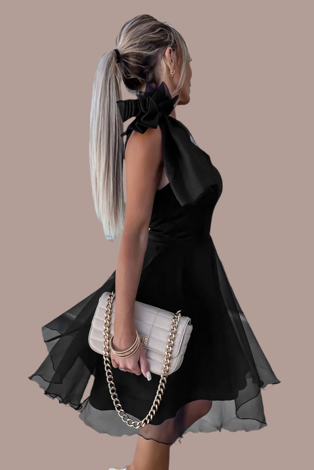 V Legend :Luxury Elegant One-shoulder Overlay Skater Dress