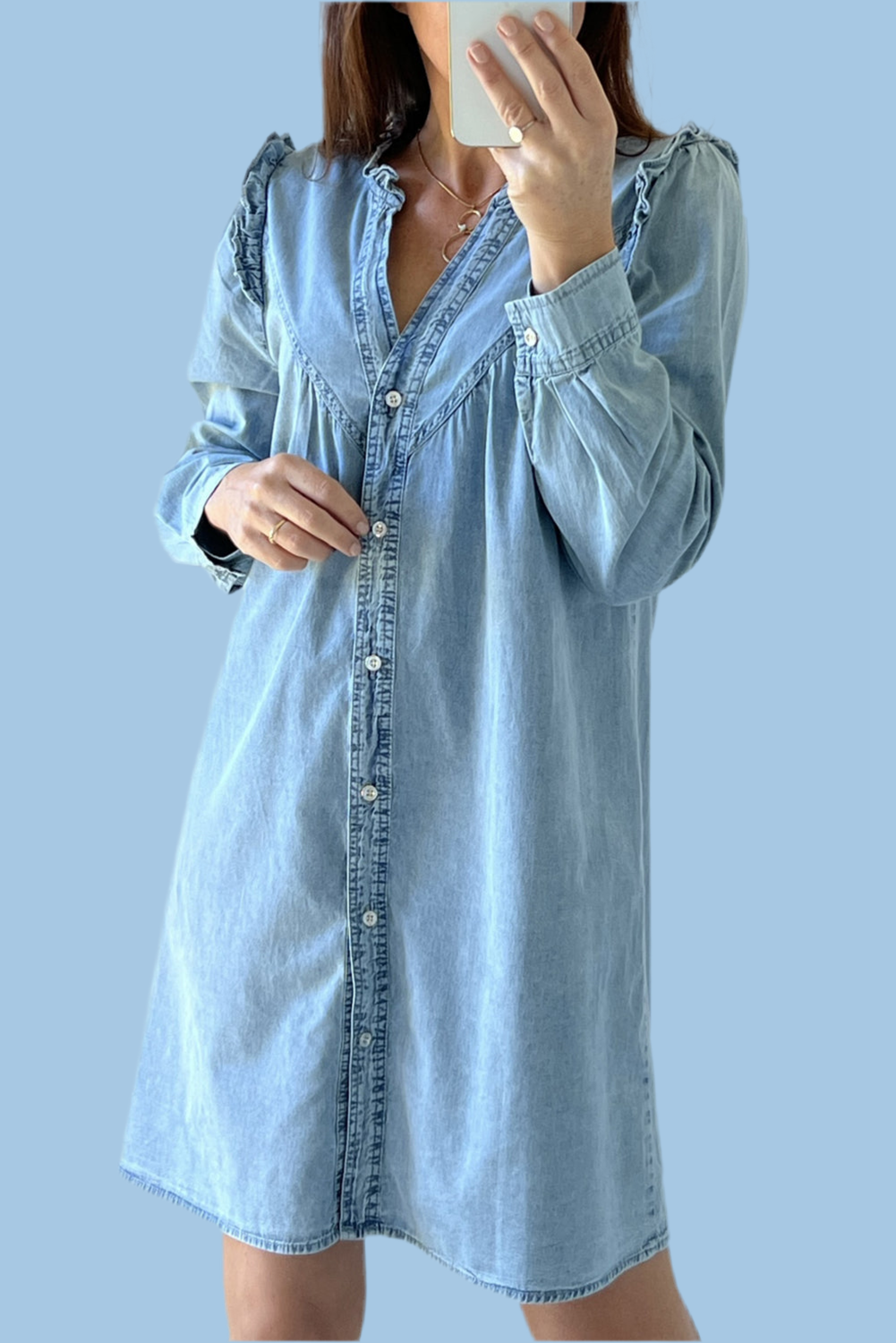 V Legend Denim : Ruffled V Neck Buttoned Shift Denim Dress