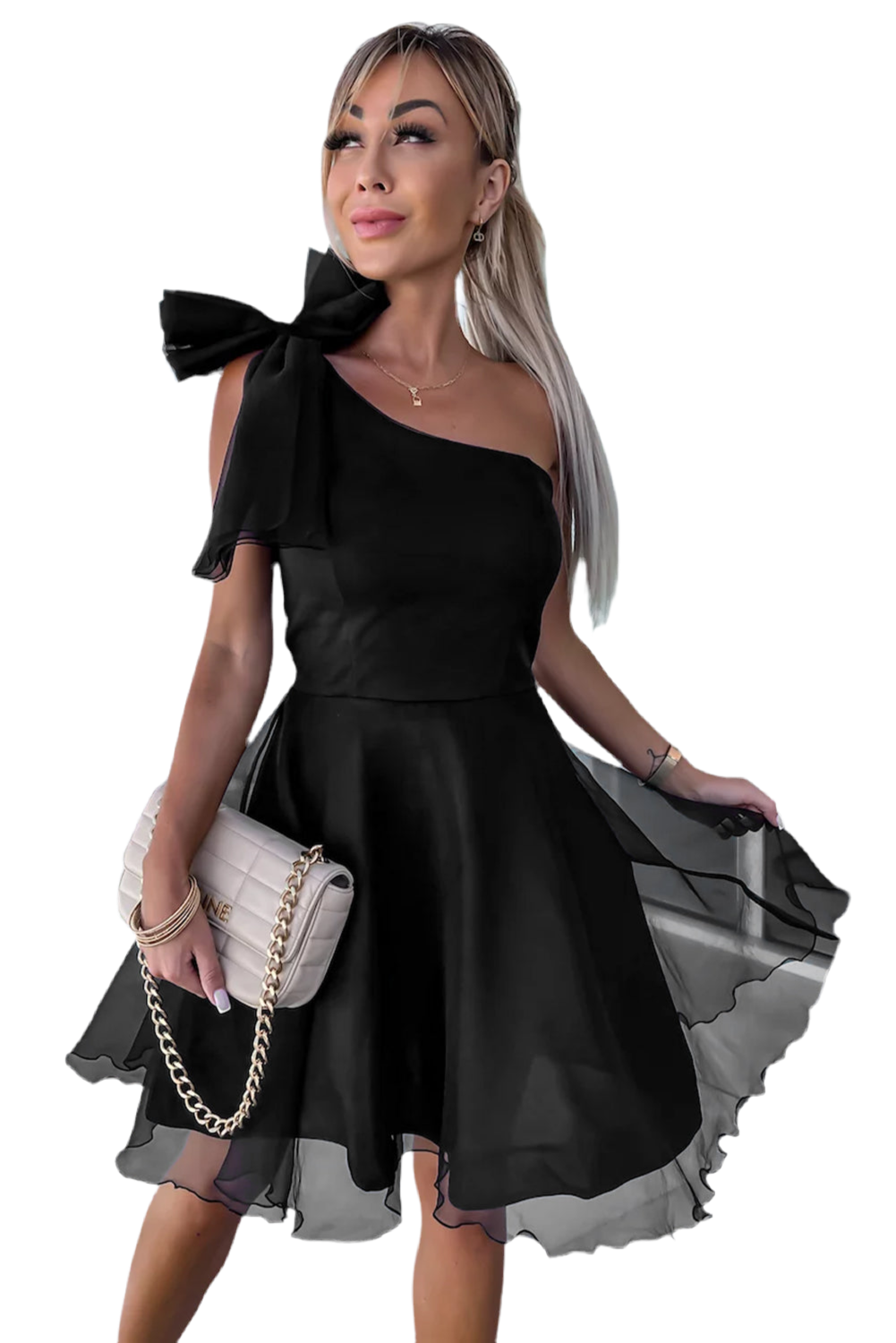 V Legend :Luxury Elegant One-shoulder Overlay Skater Dress