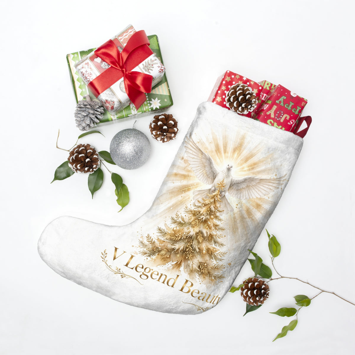 V Legend Beauty White Christmas Christian Stocking