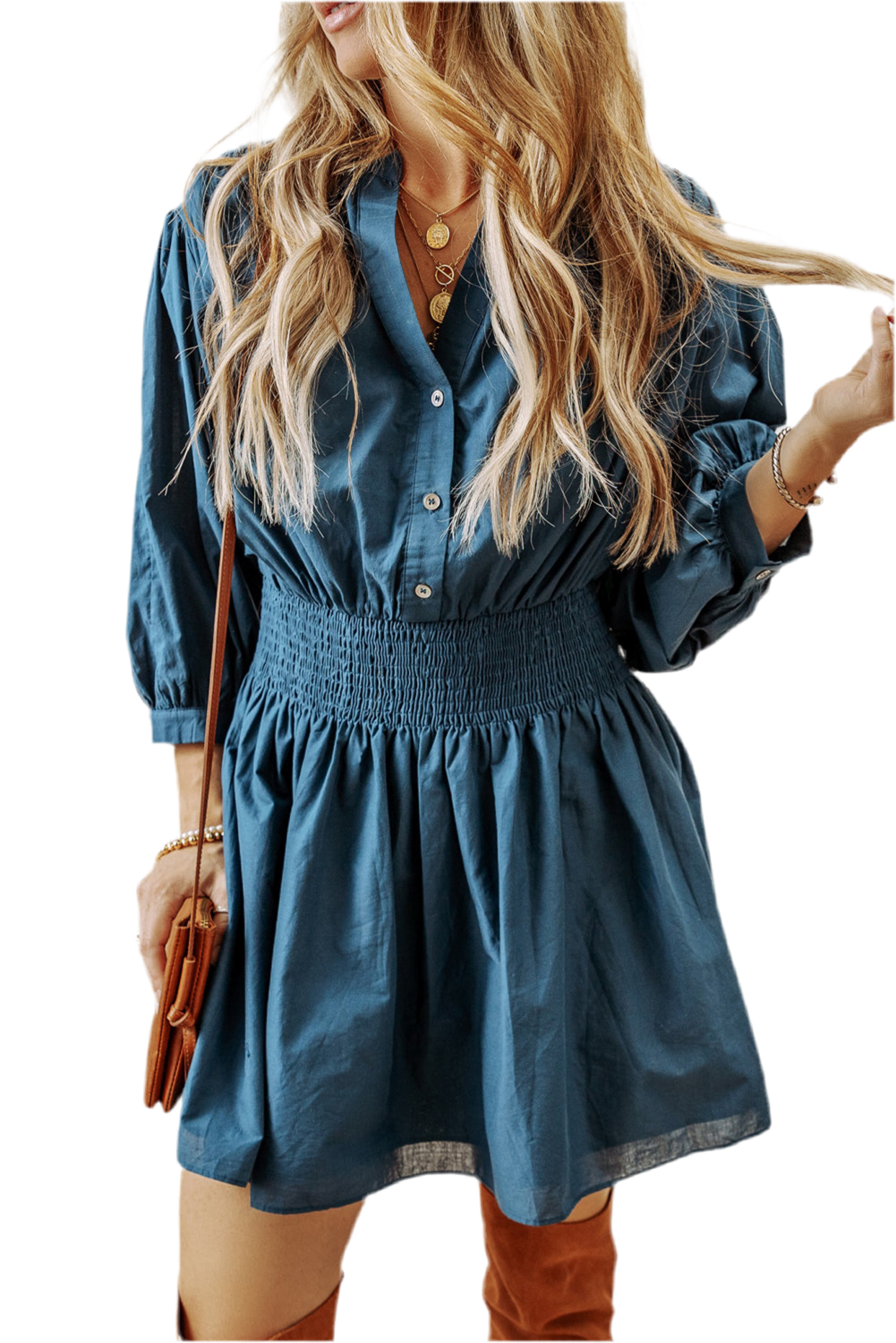 V Legend Cozy : Jean Blues 3/4 Sleeve Shirred High Waist Buttoned Mini Dress