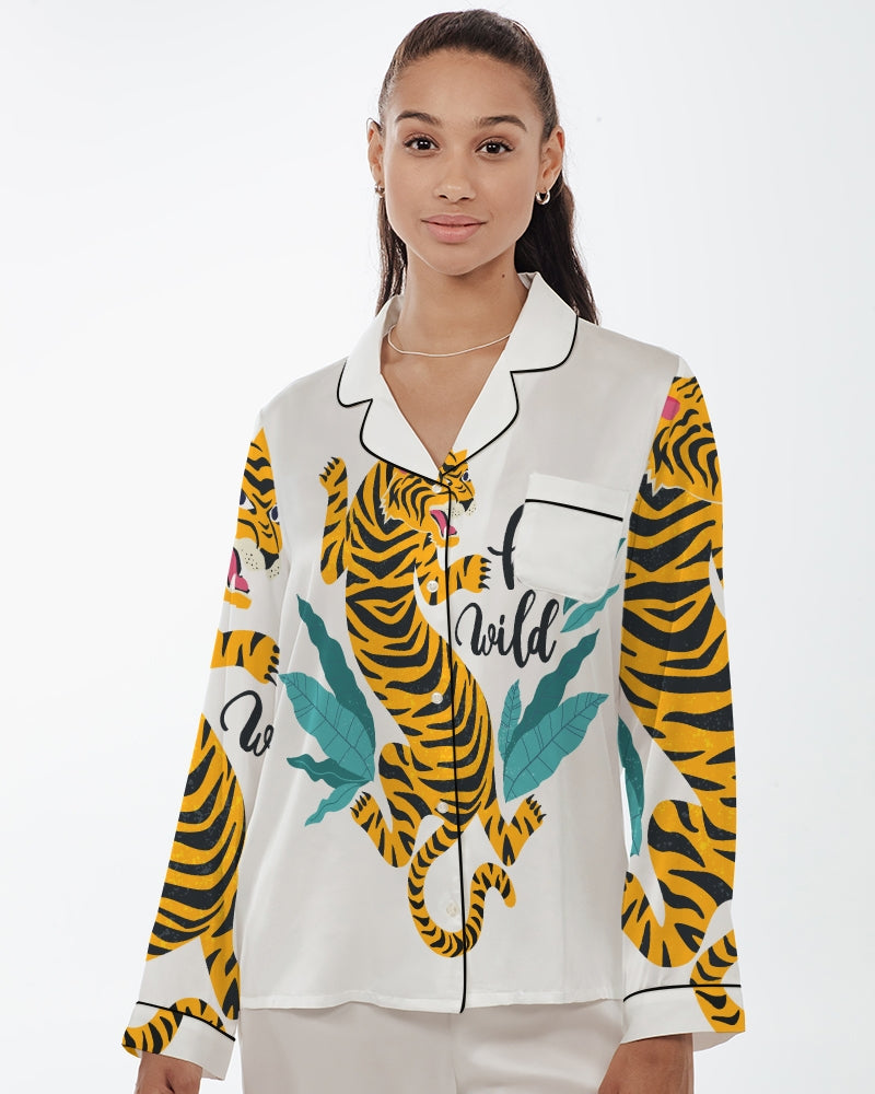 V Legend Tiger Images Women's Satin Long Sleeve Pajama Top