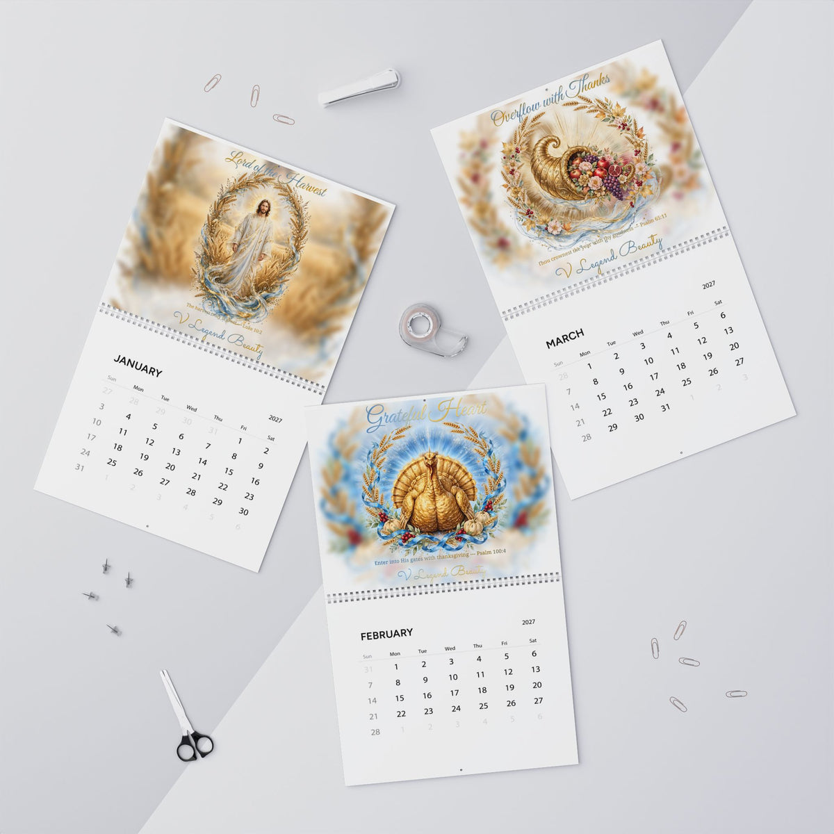 2027 Wall Calendar | Thanksgiving Christian Art Calendar | V Legend Beauty