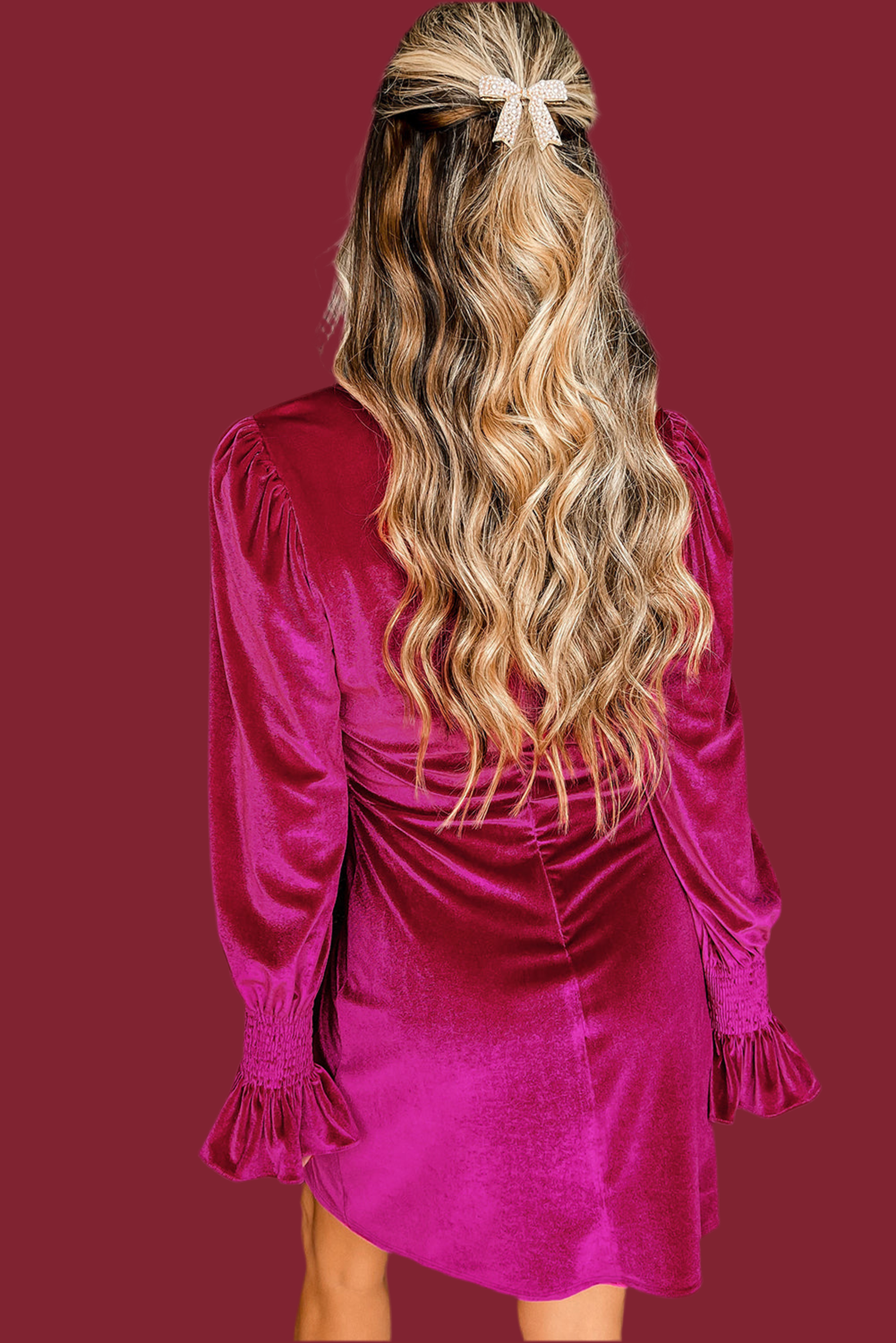V Legend Luxurious: Neck Ruffled Puff Sleeve Velvet Mini Dress