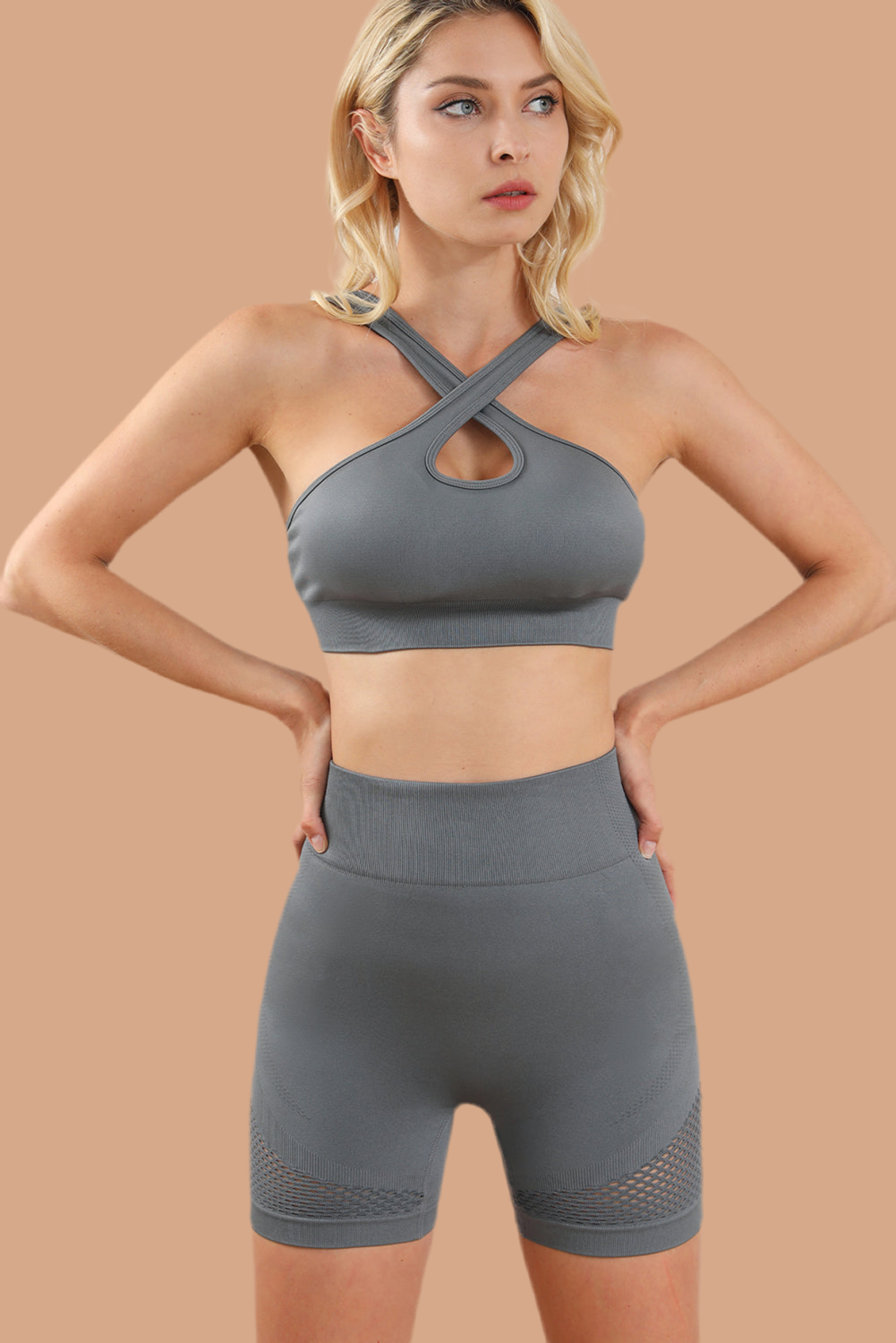 V Legend Cross Straps Cutout Bra with High Waist Shorts Set