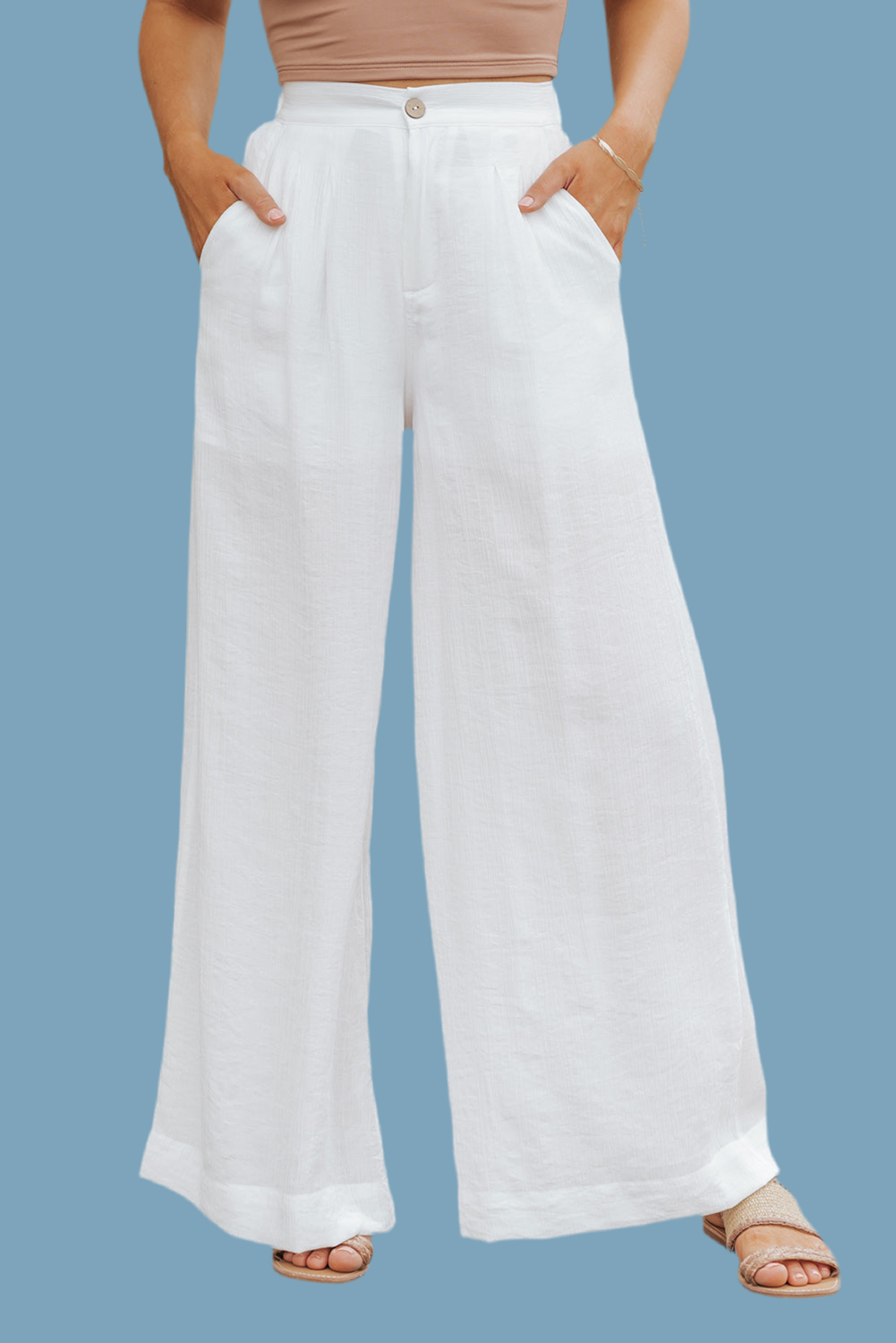 V Legend Elegant: Solid White Color Elastic Waist Pleated Wide Leg Pants