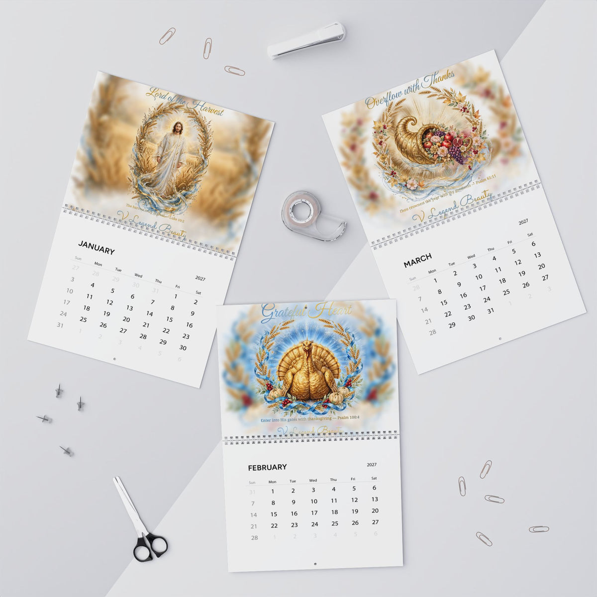 2027 Wall Calendar | Thanksgiving Christian Art Calendar | V Legend Beauty
