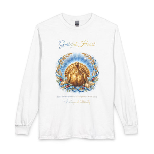Thanksgiving Long Sleeve Shirt for Women | Grateful Heart Golden Turkey White Graphic Tee | V Legend Beauty