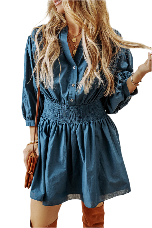 V Legend Cozy : Jean Blues 3/4 Sleeve Shirred High Waist Buttoned Mini Dress