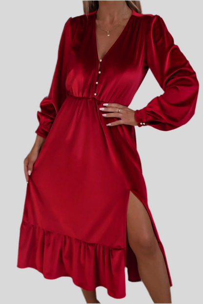 V Legend Party:Velvet Buttoned Puff Sleeve V Neck Split Midi Dress