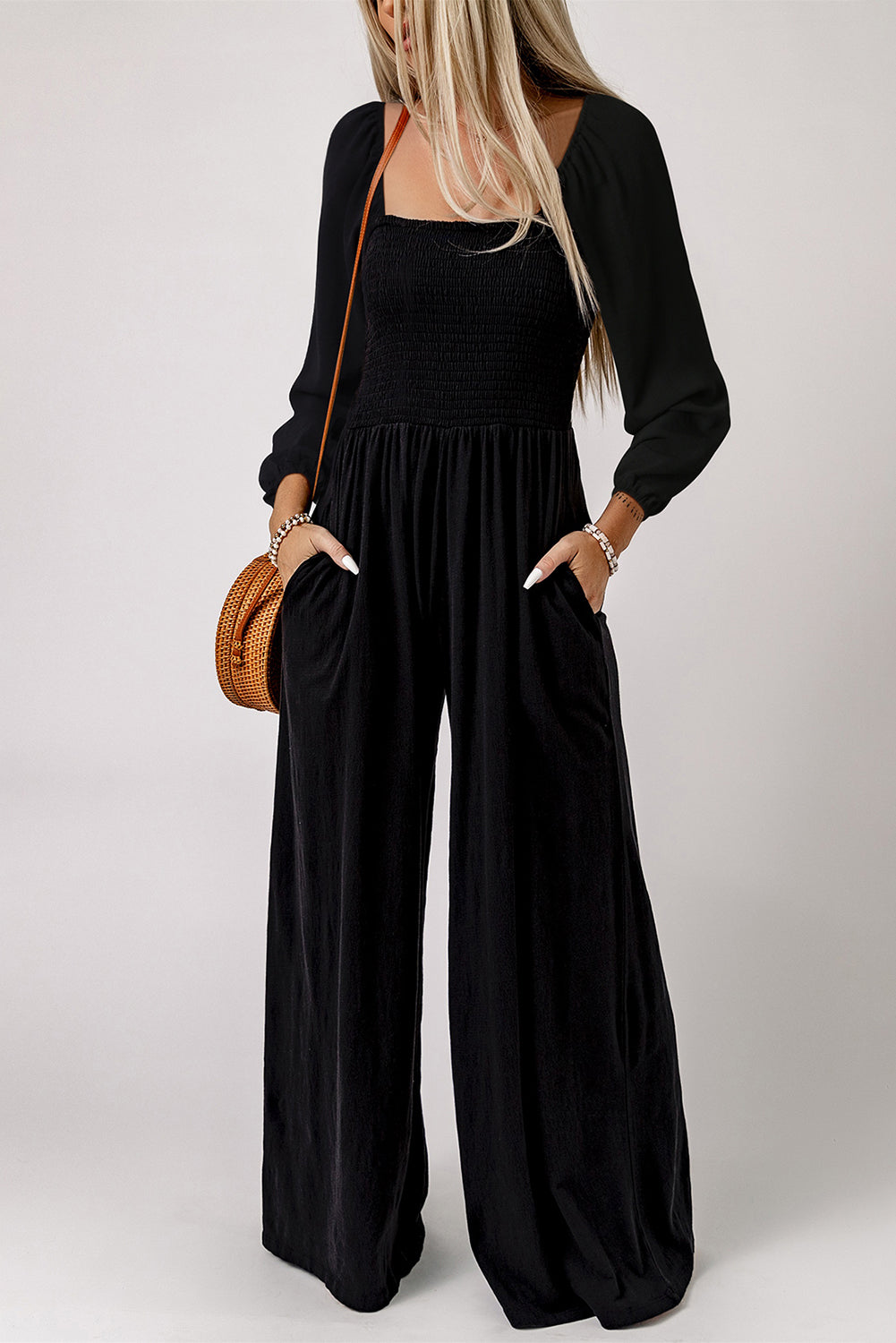 V Legend Styles:Smocked Sleeveless Wide Leg Jumpsuit with Pockets