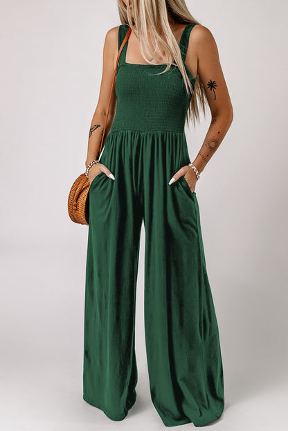 V Legend Styles:Smocked Sleeveless Wide Leg Jumpsuit with Pockets