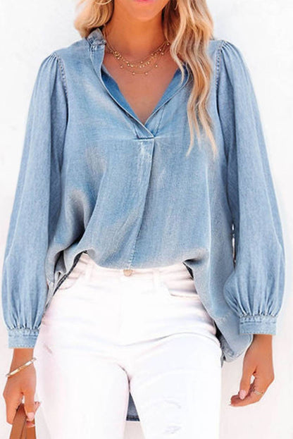 V Legend Denim: V-Neck Balloon Sleeve Ruched Denim Top