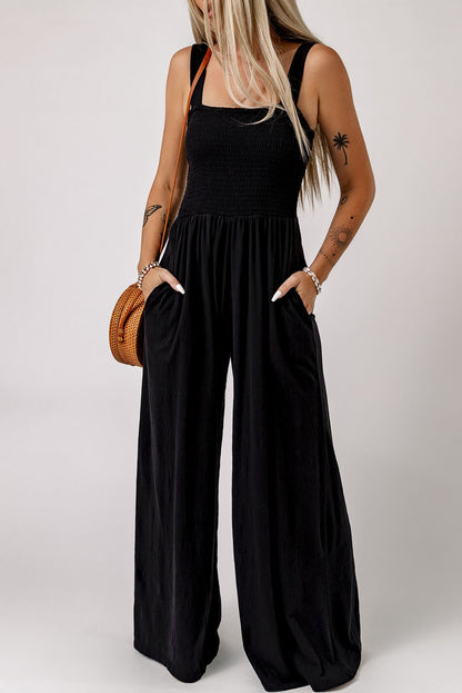 V Legend Styles:Smocked Sleeveless Wide Leg Jumpsuit with Pockets