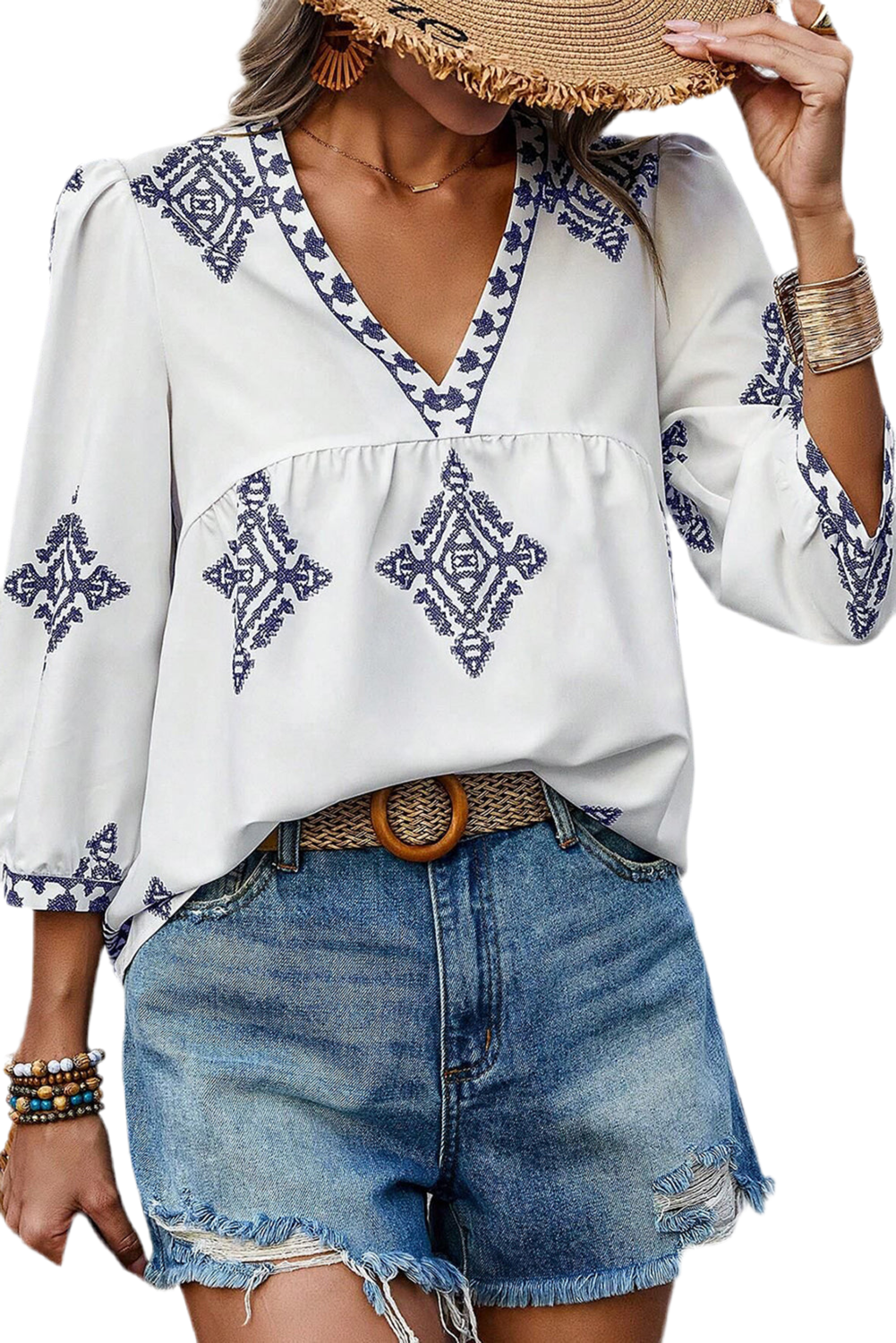 V Legend Cozy Print Bracelet Sleeve V Neck Blouse