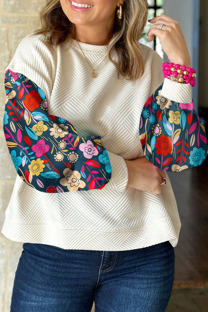 V Legend:Floral Sleeve Textured Drop Shoulder Knit Top