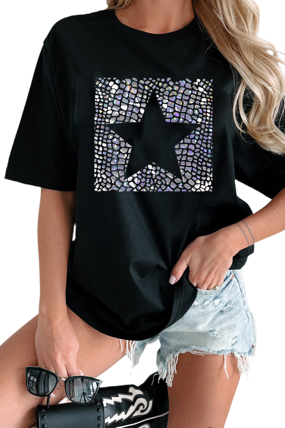 V Legend Star-Sparkling Neck T Shirt