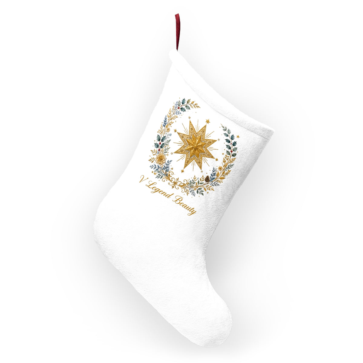 V Legend Beauty Embroidered Bethlehem Star Christmas Stocking – White