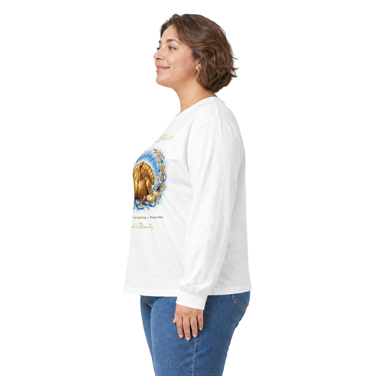 Thanksgiving Long Sleeve Shirt for Women | Grateful Heart Golden Turkey White Graphic Tee | V Legend Beauty
