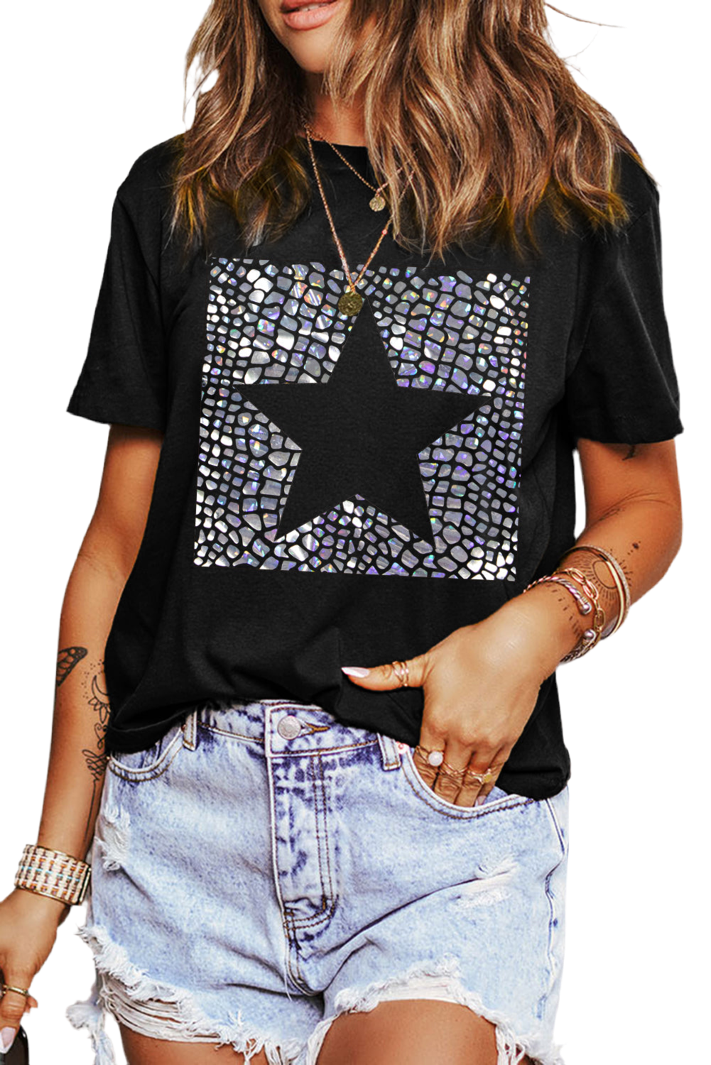 V Legend Star-Sparkling Neck T Shirt