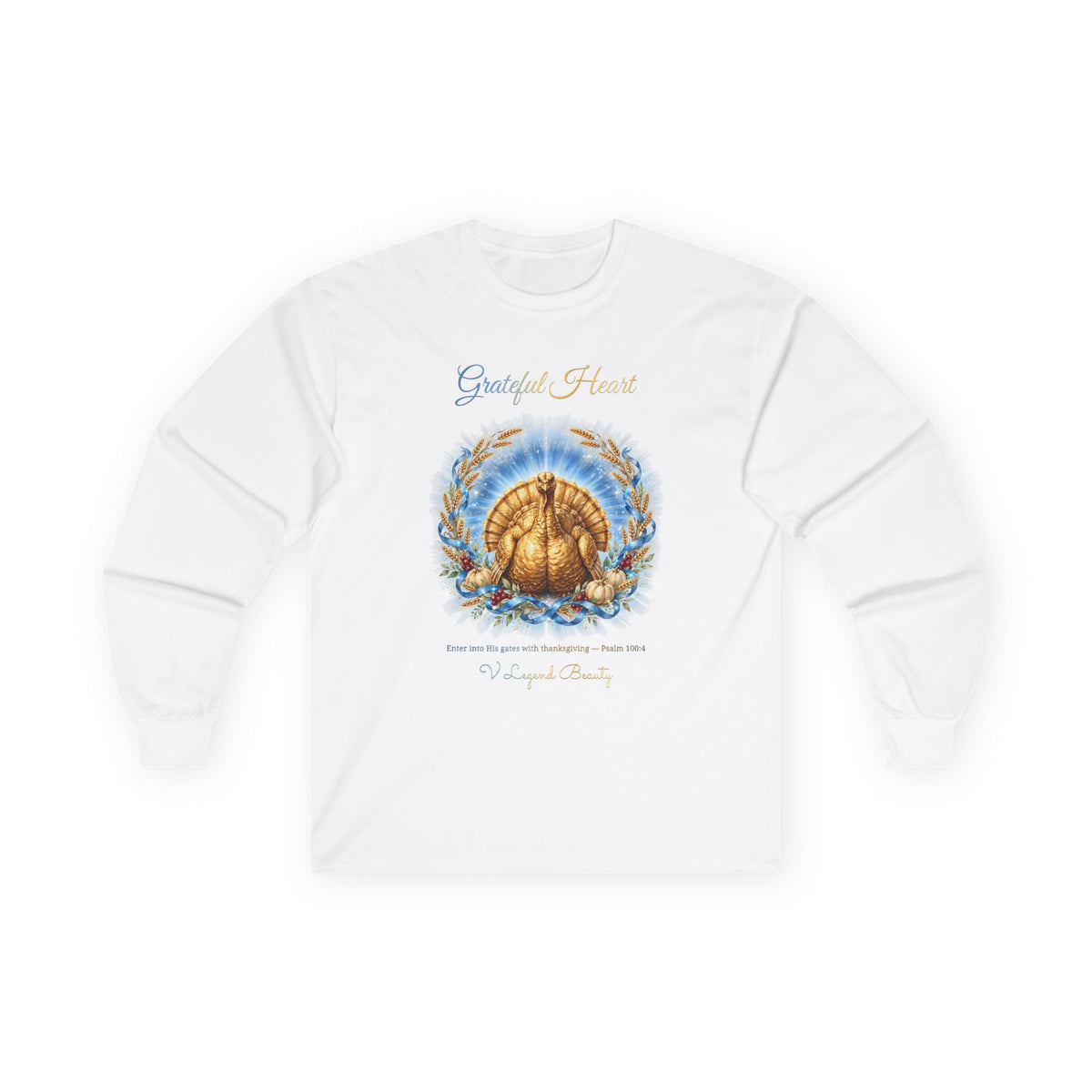 Thanksgiving Long Sleeve Shirt for Women | Grateful Heart Golden Turkey White Graphic Tee | V Legend Beauty