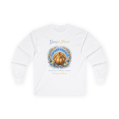 Thanksgiving Long Sleeve Shirt for Women | Grateful Heart Golden Turkey White Graphic Tee | V Legend Beauty