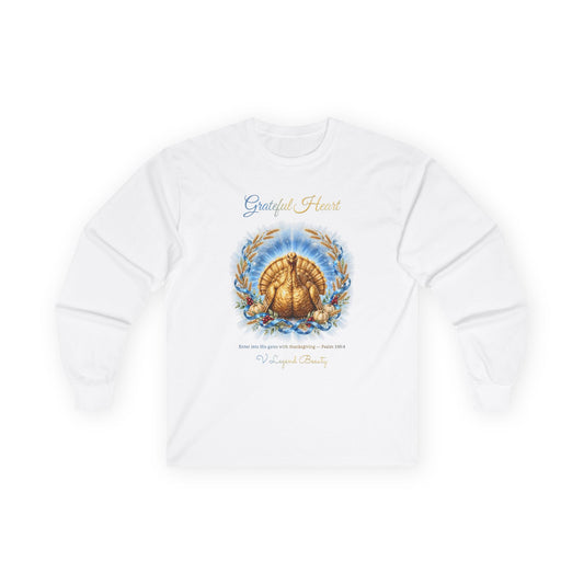 Thanksgiving Long Sleeve Shirt for Women | Grateful Heart Golden Turkey White Graphic Tee | V Legend Beauty