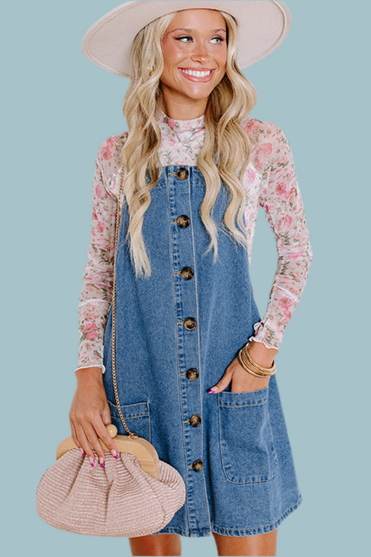 V Legend Denim : Wide Strap Button Front Pocketed Denim Mini Dress