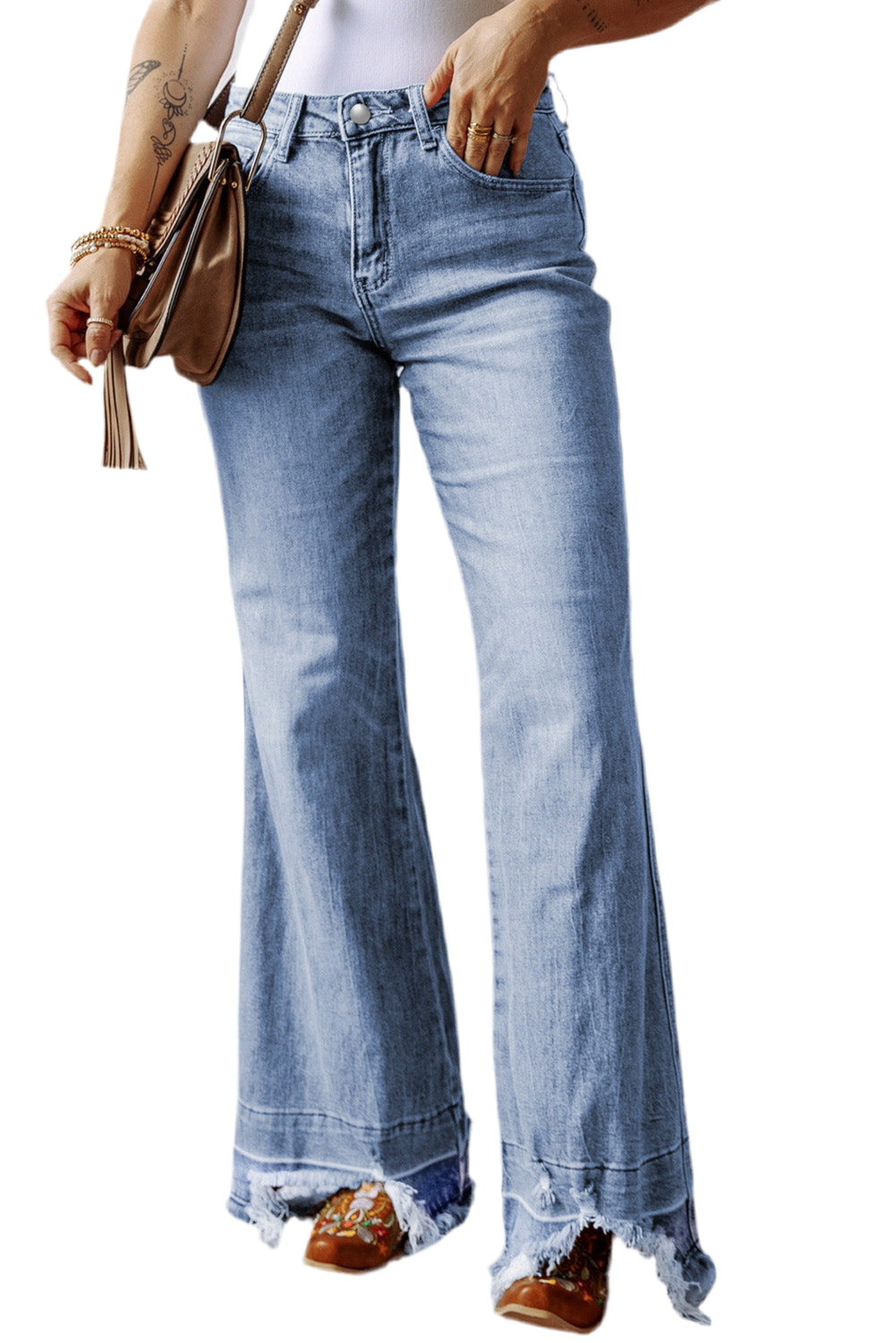 V Legend Denim: Women’s Acid Wash Raw Hem High Waist Flared Jeans