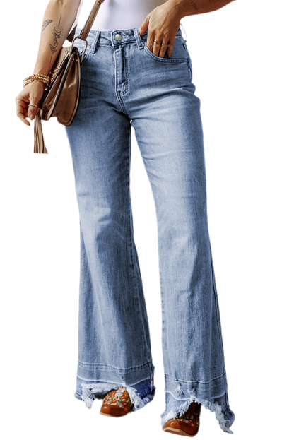 V Legend Denim: Women’s Acid Wash Raw Hem High Waist Flared Jeans