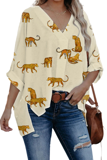 V Legend Elegant : Leopard Print Tab Sleeve Loose Fit V Neck Blouse