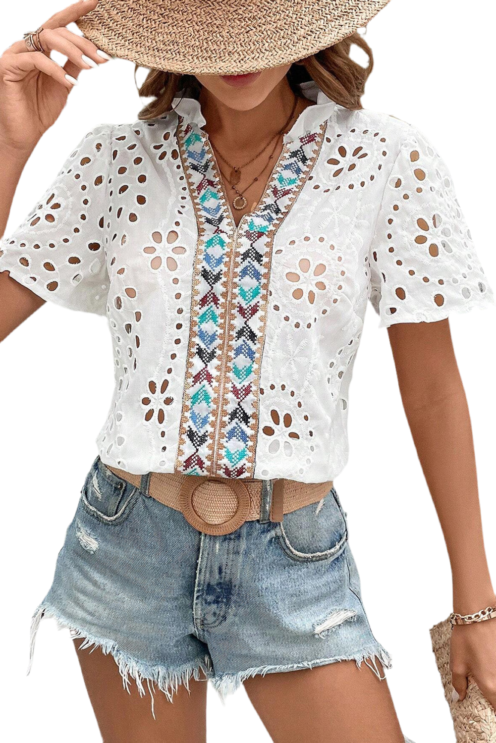 V Legend Cozy Geometric Embroidery  Blouse