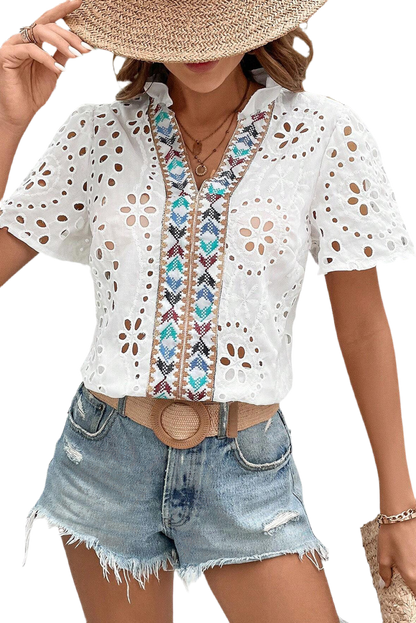 V Legend Cozy Geometric Embroidery  Blouse