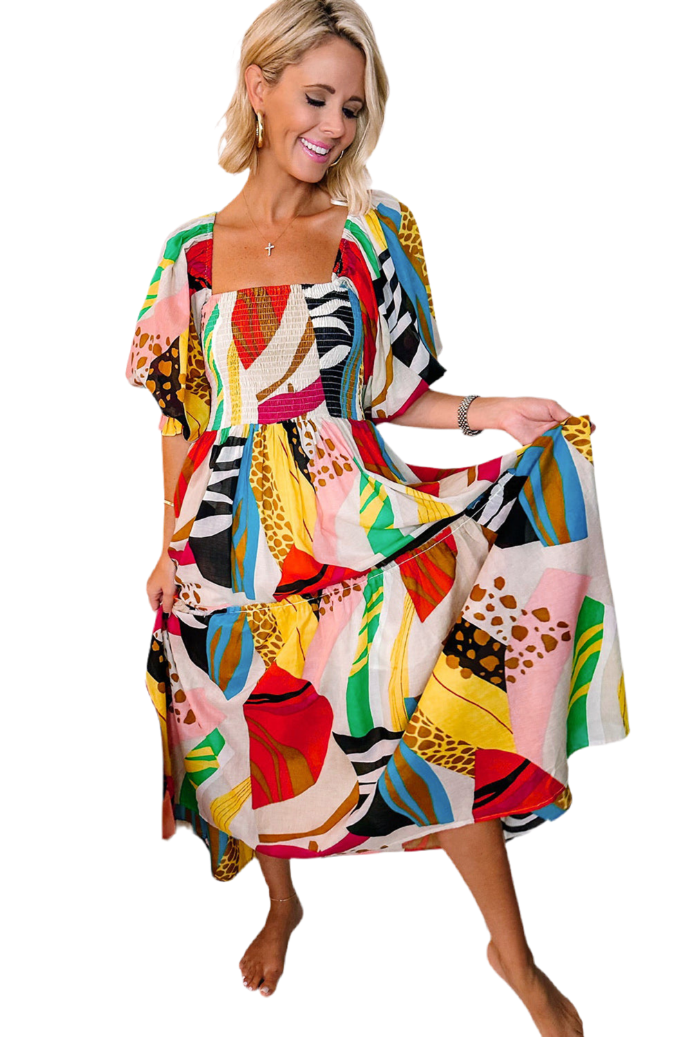 V Legend Luxury Rainbow Square Neck Smocked Boho Maxi Dress