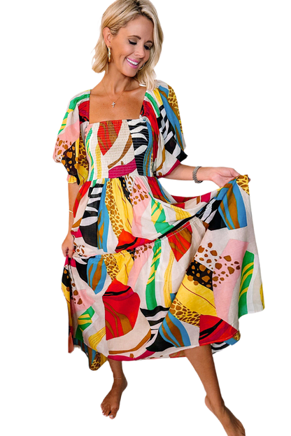 V Legend Luxury Rainbow Square Neck Smocked Boho Maxi Dress