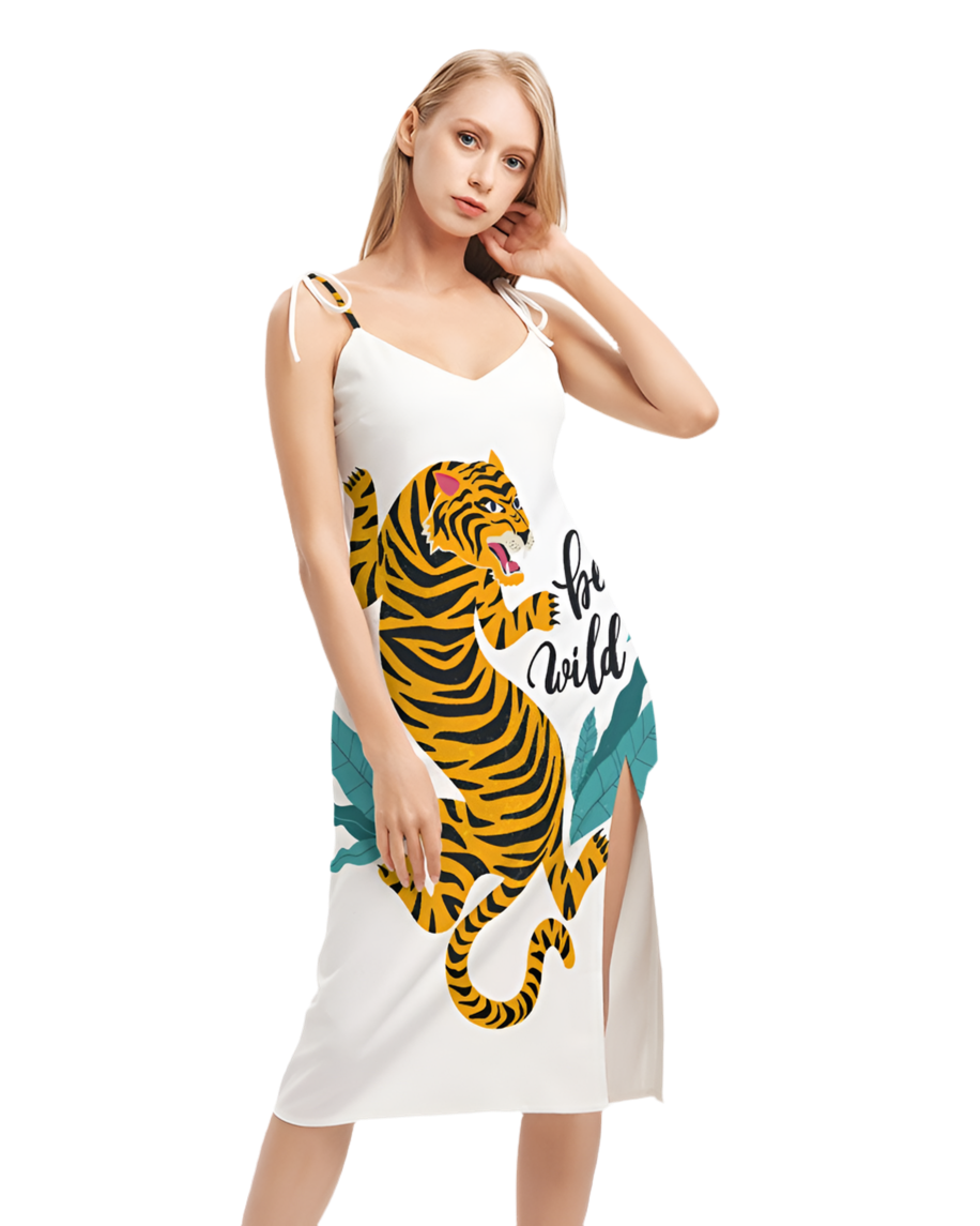 V Legend Tiger Images Women's All-Over Print Tie Strap Split Dress