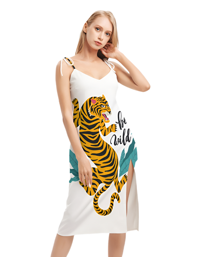 V Legend Tiger Images Women's All-Over Print Tie Strap Split Dress