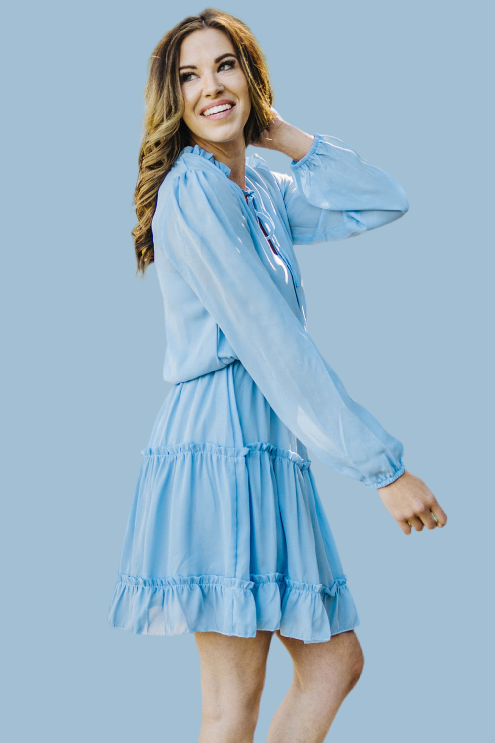 V Legend Elegant: 4 Styles Neck Cinched Waist Ruffle Mini Dress
