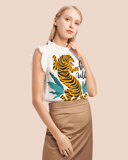 V Legend Tiger Images Women's All-Over Print Ruffle Sleeve Top