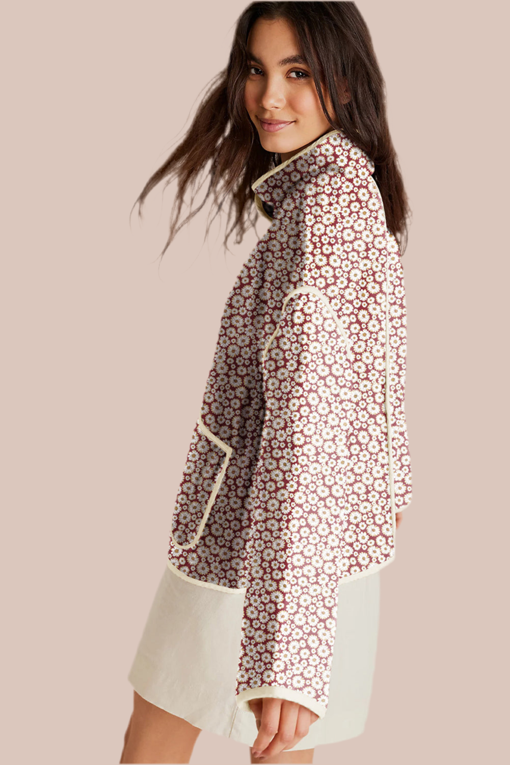 V Legend Luxurious: Floral Print Contrast Edge Stand Neck Coat