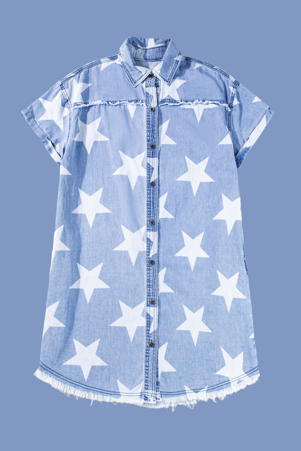 V Legend Denim : Cozy Stars Frayed Hem Collared Short Sleeve Denim Dress