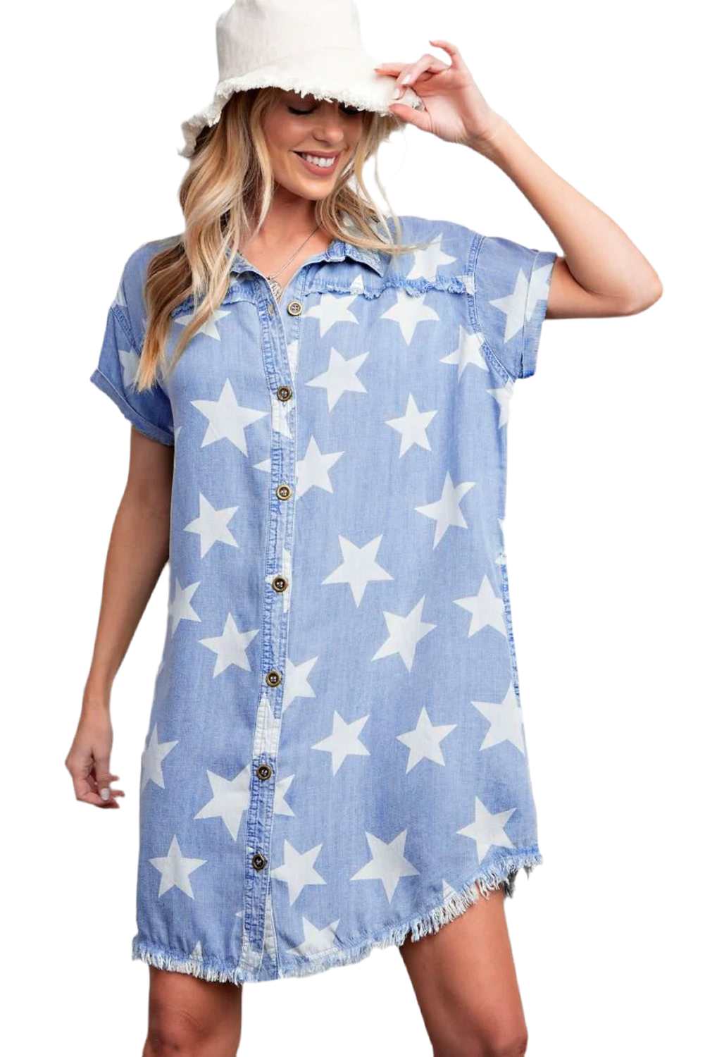 V Legend Denim : Cozy Stars Frayed Hem Collared Short Sleeve Denim Dress