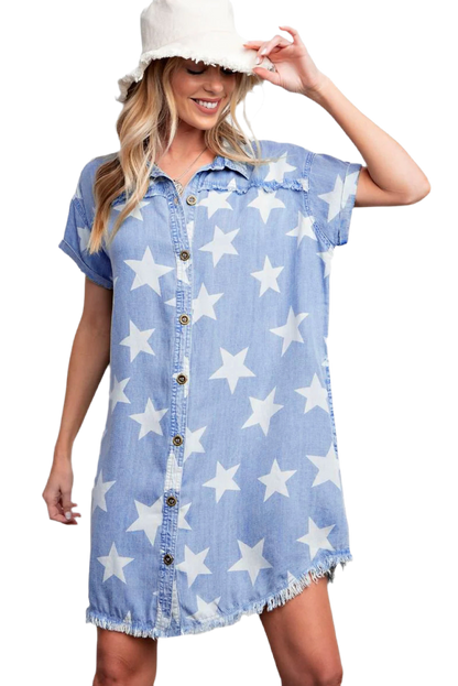 V Legend Denim : Cozy Stars Frayed Hem Collared Short Sleeve Denim Dress