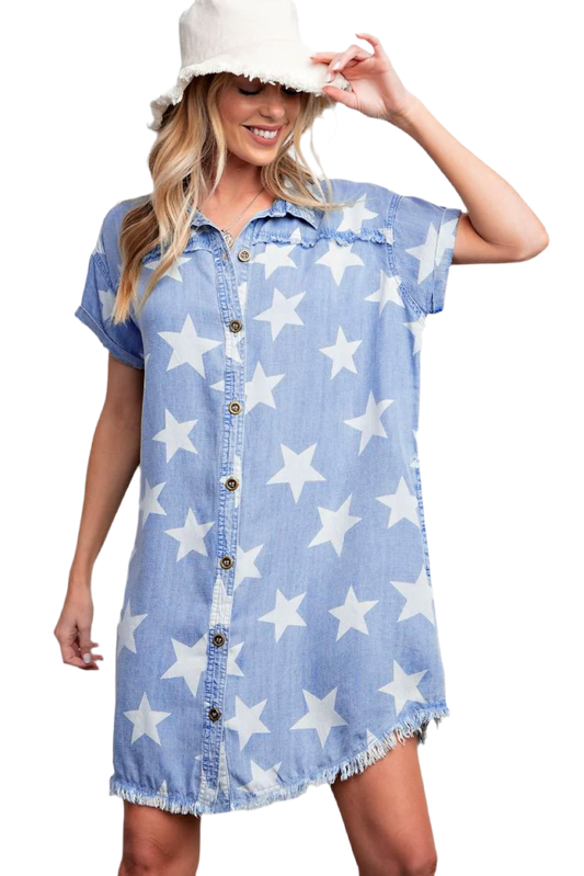 V Legend Denim : Cozy Stars Frayed Hem Collared Short Sleeve Denim Dress