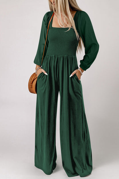 V Legend Styles:Smocked Sleeveless Wide Leg Jumpsuit with Pockets