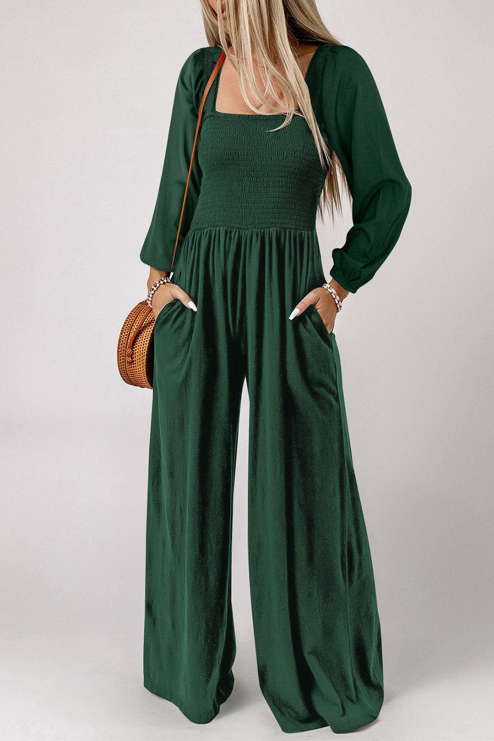 V Legend Styles:Smocked Sleeveless Wide Leg Jumpsuit with Pockets