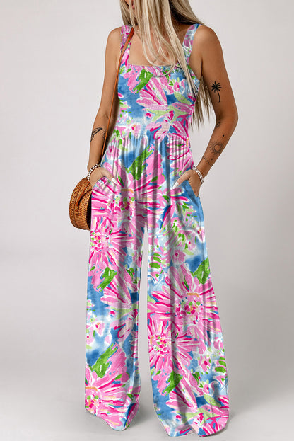 V Legend Styles:Smocked Sleeveless Wide Leg Jumpsuit with Pockets