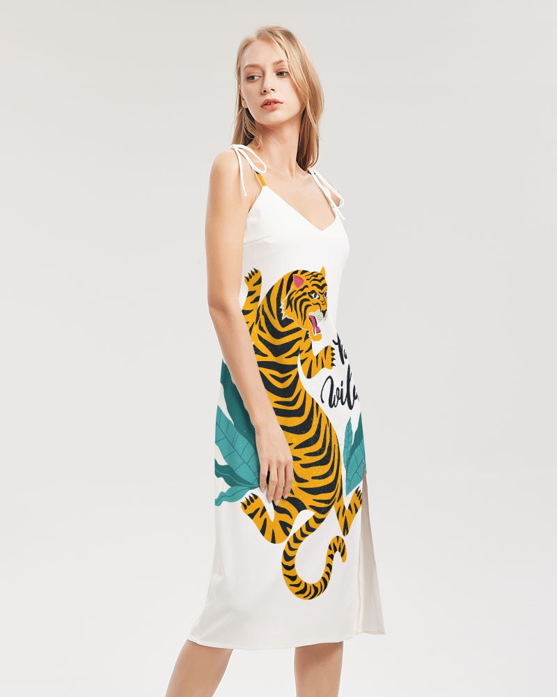 V Legend Tiger Images Women's All-Over Print Tie Strap Split Dress