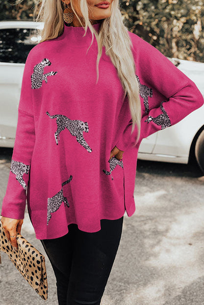 V Legend: Cheetah High Neck Split Hem Sweater